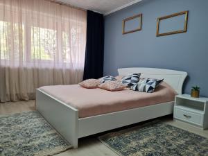 a bedroom with a bed with blue walls and a window at Casa Maria in Alba Iulia