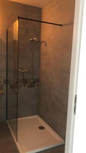 a shower with a glass door in a bathroom at Apartament Gościnne Sady in Malbork +8 photos