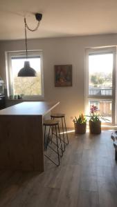 a living room with a counter and two windows at Apartament Gościnne Sady in Malbork