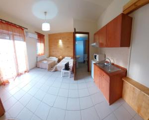 a room with a kitchen and a living room at Nefeli Apartments Ορεστιάδα in Orestiada