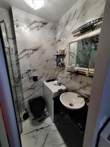 a bathroom with a white sink and a marble wall at GOLDEN QUEEN apartments in Juodkrantė