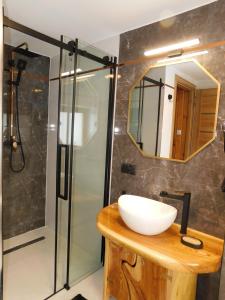 a bathroom with a sink and a shower at Pokoje Goscinne Monika II in Zakopane
