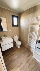 a bathroom with a white toilet and a sink at EcoKub T3 Indépendant Proche plages et lac in Soustons +15 photos