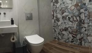 a bathroom with a toilet and a stone wall at Mama Kitsa in Sarti
