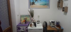 een keuken met een aanrecht met een koffiezetapparaat bij Strada Banu Mihalcea Nr. 150 in Constanţa
