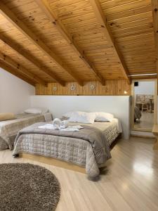 a bedroom with a large bed and a wooden ceiling at Pousada Pattis in Treze Tílias