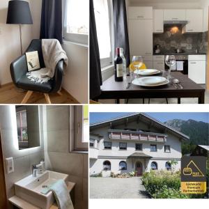 uma colagem de fotos de uma cozinha e uma casa em Landhaus Luzia em Wald am Arlberg