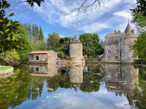 um castelo refletido na água de um lago em Chateau de la Preuille Gites em Montaigu-Vendée