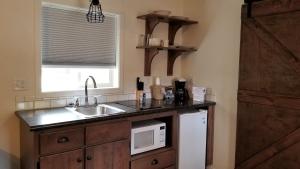 a kitchen with a sink and a microwave at Eagle Cap Chalets in Joseph