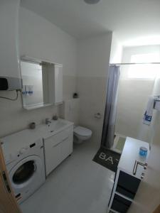 ein Badezimmer mit einer Waschmaschine und einem WC in der Unterkunft Apartmani Valuna in Privlaka
