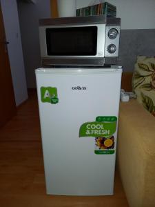 a microwave sitting on top of a refrigerator at Apartmán Šafran in Donovaly
