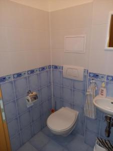 a blue tiled bathroom with a toilet and a sink at Apartmán Šafran in Donovaly