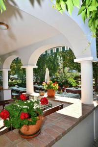 a patio with potted plants and tables with flowers at Nyerges Vendégfogadó in Hegykő