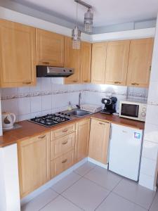 a kitchen with wooden cabinets and a white appliance at Warsaw Center - Apartment near Central Railway Station in Warsaw