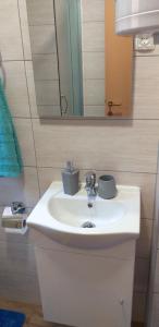 ein Badezimmer mit einem weißen Waschbecken und einem Spiegel in der Unterkunft Apartmani Petra in Olib