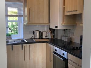 a kitchen with wooden cabinets and a sink and a window at Hideaway Cottage in Halesworth
