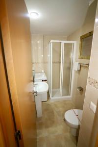 een badkamer met een toilet, een wastafel en een douche bij Apartamentos Acuarium II in Benidorm