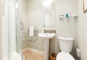 a bathroom with a toilet and a sink and a shower at Stable Cottage - Milton Lilbourne in Pewsey