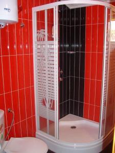uma casa de banho com azulejos vermelhos, um chuveiro e um WC. em Sveti Georgi Family Hotel em Varshets