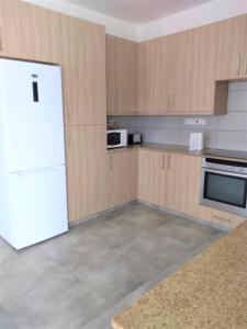 una cucina con frigorifero bianco e armadietti in legno di T&E Villa a Larnaka