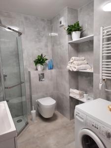 een badkamer met een douche, een toilet en een wastafel bij Apartament Amber Comfort z prywatnym miejscem parkingowym in Kołobrzeg