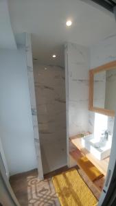 La salle de bains est pourvue d'un lavabo et d'un miroir. dans l'établissement Hôtel Le Cassini, à Le Freney-dʼOisans