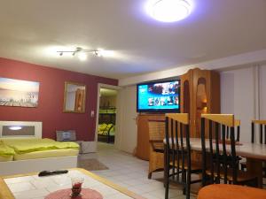 a living room with a couch and a tv on the wall at Sions große Ferienwohnung Ferienwohnung mit 3 Schlafzimmer, 2 km bis zum Europapark Rust in Kappel-Grafenhausen