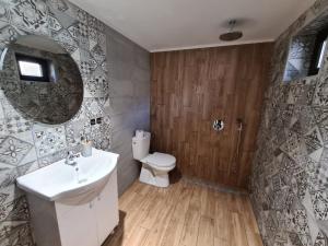 a bathroom with a toilet and a sink and a mirror at Guest House Malusha in Gabrovo