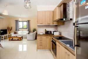 a kitchen with wooden cabinets and a living room at Aella Apartment in Skala