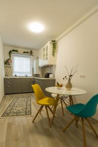 uma cozinha com uma mesa e duas cadeiras e uma mesa em RentForComfort Apartment Ella em Brasov