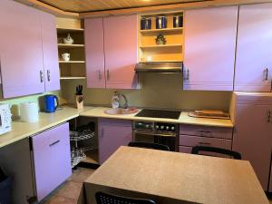 a kitchen with purple cabinets and a sink and a stove at K8-5 Apartments in Nida