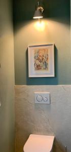 a bathroom with a toilet and a picture on the wall at Villa Luminosa in Torre del Lago Puccini +37 photos