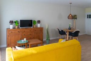 a living room with a yellow couch and a tv at Huize Goede Reede in Oudemirdum