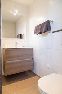 een badkamer met een wastafel, een toilet en een spiegel bij Vrijstaande vakantiewoning Petite Renard in Zoutelande