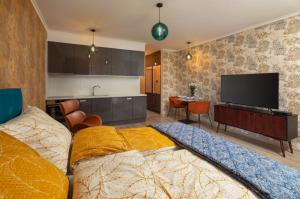 ブダペストにあるVision Apartments Budapestのベッドルーム(大型ベッド1台、薄型テレビ付)