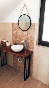 a bathroom with a sink and a mirror at Pensiunea Simi in Moisei