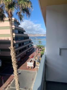 vistas al océano desde un edificio con una palmera en Marsin Playa 408 Vivienda vacacional, en Las Palmas de Gran Canaria