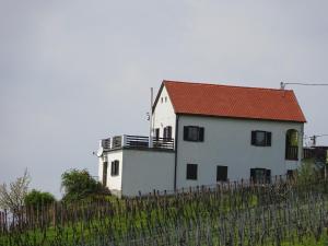 a white house with a red roof behind a fence at Kellerstöckl Eisenberg/Pinka Weiner in Eisenberg an der Pinka