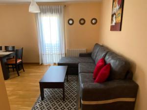 sala de estar con sofá de cuero y mesa en Apartamento del pirineo, en Salas Bajas