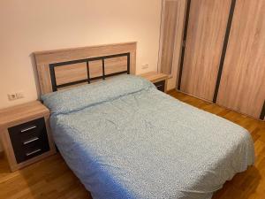 een slaapkamer met een bed met een blauw dekbed bij Apartamento del pirineo in Salas Bajas