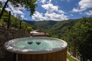 due bicchieri di vino in una vasca idromassaggio con montagne di Antichi Sentieri a Serravalle