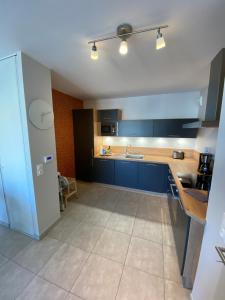 eine große Küche mit blauen Schränken und einem Waschbecken in der Unterkunft Les embruns in Saint-Quay-Portrieux