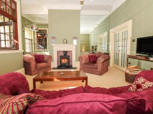 a living room with two couches and a fireplace at Lion House in Newton Abbot