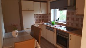 uma cozinha com uma mesa, um lavatório e um balcão em NA OFF em Radenci