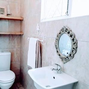 W łazience znajduje się toaleta, umywalka i lustro. w obiekcie le'Cottage on Raymond w mieście Scottburgh