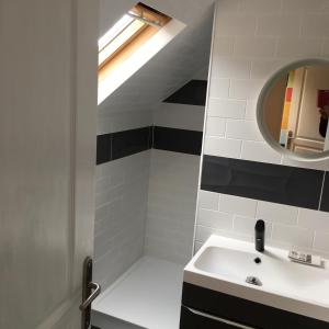 a bathroom with a sink and a mirror at LA MAISON de GUSTAVE 20MN BEAUVAL in Vicq-sur-Nahon