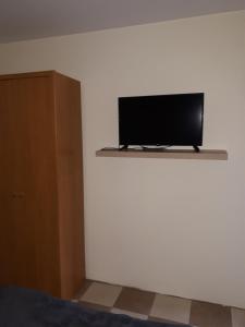 telewizor z płaskim ekranem siedzący na półce w pokoju w obiekcie Dedin raj w mieście Golubac