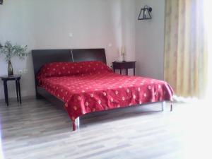 1 dormitorio con cama roja y edredón rojo en Aperando, en Tolo