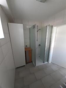 ein Bad mit einer Dusche und einer Glastür in der Unterkunft Ferienwohnung Goltz in Thüngersheim