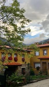 Casa Rural Sierra de Tormantos في Guijo de Santa Bárbara: مبنى أصفر مع علب الزهور على النوافذ